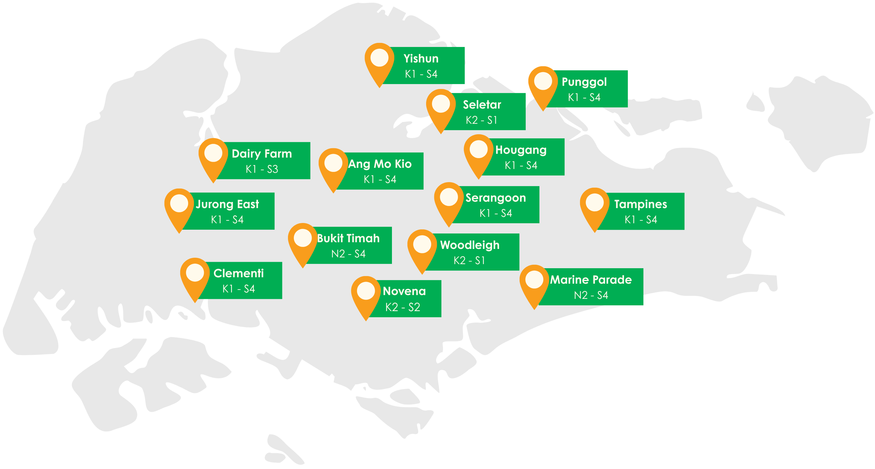 Map of Singapore showing Wang Learning Centre's 14 branches